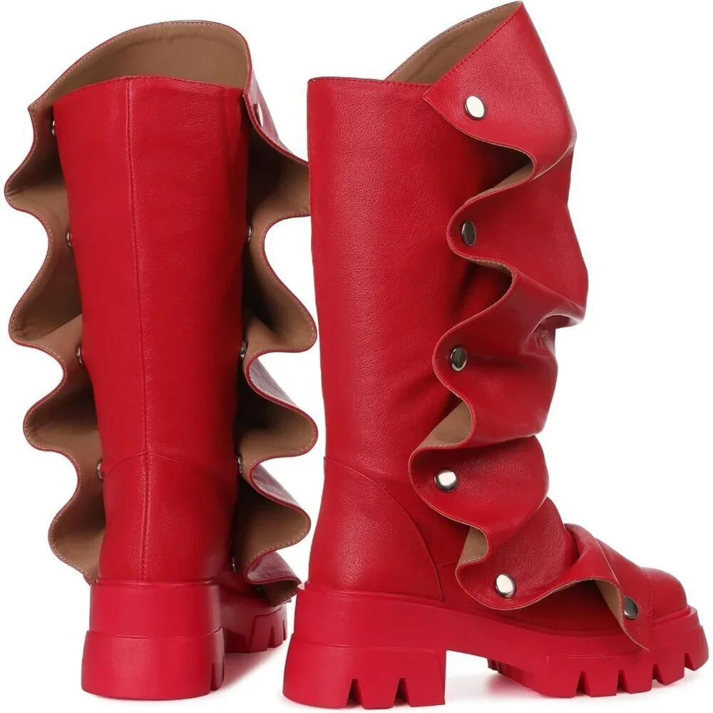 Women's Red Pu Fold Over Knee Slouchy Ruched Stacked Heel Round Toe Boots